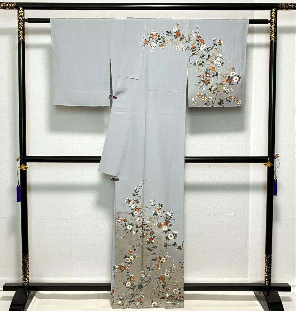 D58 訪問着 唐花 ブルーグレー 正絹 着物 袷 しつけ糸付き未使用極美品