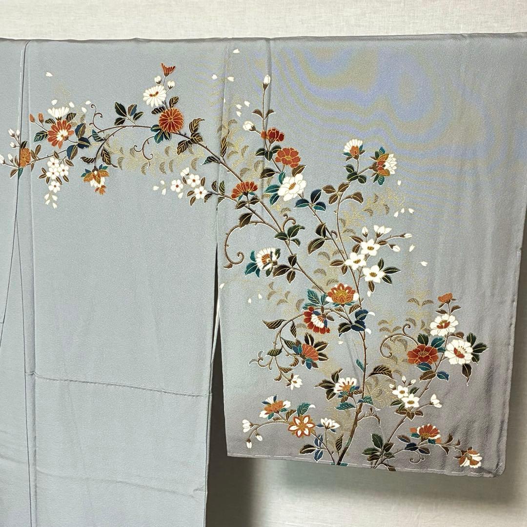 D58 訪問着 唐花 ブルーグレー 正絹 着物 袷 しつけ糸付き未使用極美品