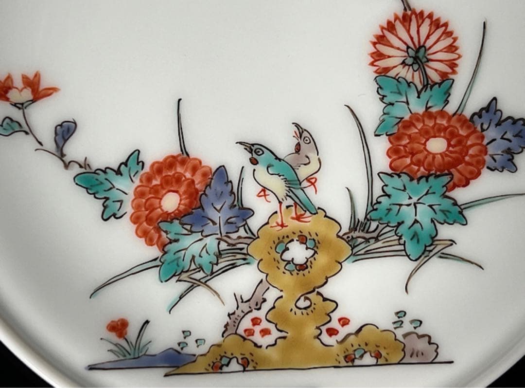 人間国宝十四代 酒井田柿右衛門 錦菊鳥文　額皿　共箱　栞　皿立付