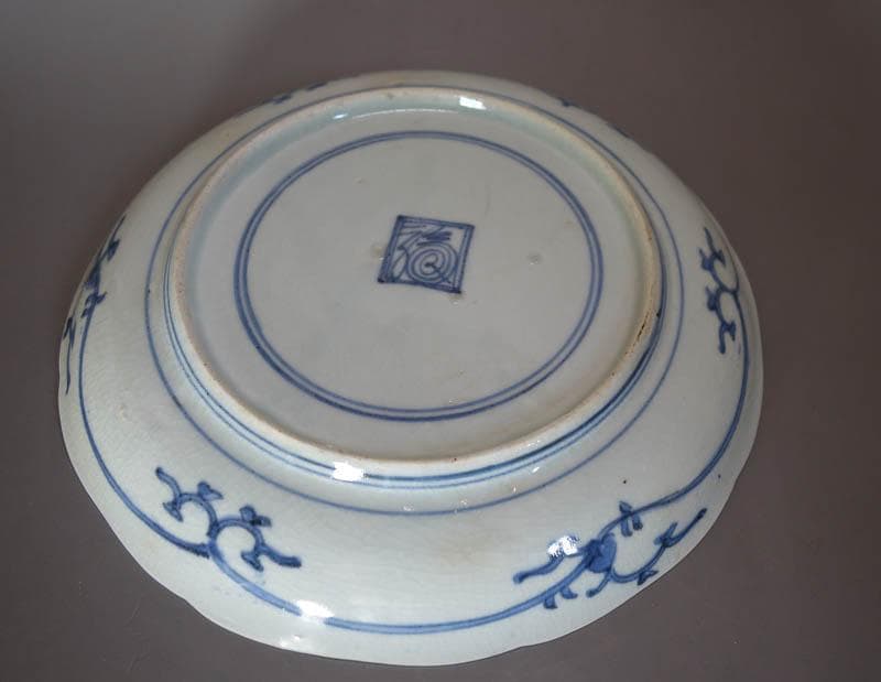 古伊万里　染付　花唐草　山水文 塔屋文　中皿　藍柿右衛門　江戸中期　　2083