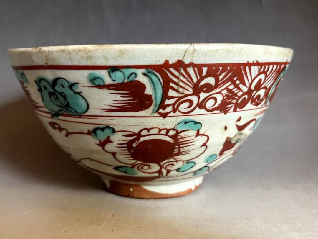 鉢■呉洲赤絵 魅手鉢 赤絵 鳳凰 花鳥紋 ニュウ有 古い大鉢 時代物 骨董品■