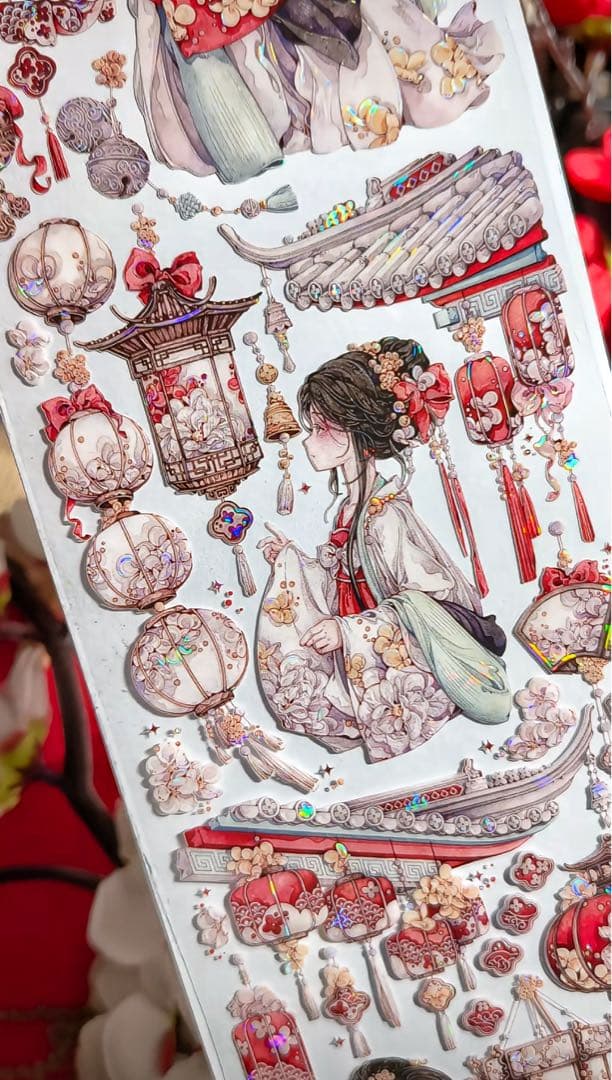 【9401】海外3/5/巻　貝殻光マスキングテープ　獅子先生新作　赤　人物古風系