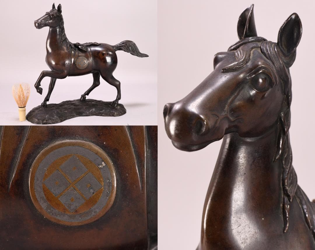 BK198　時代金工　古銅製　大名馬　置物　床飾　ブロンズ像　家紋　武田菱