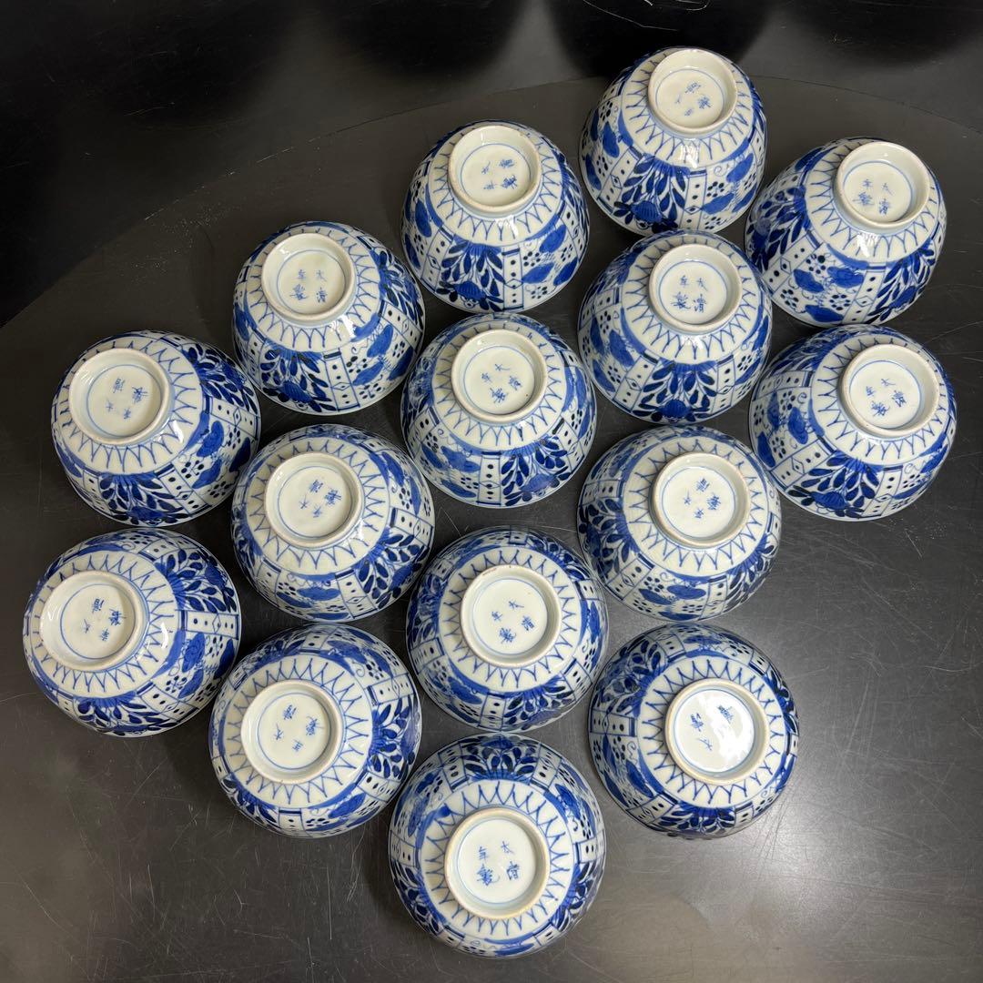 江戸中期　古伊万里染付芙蓉手蓋茶碗　14客と身1点　木箱　東Y8-0116☆2F