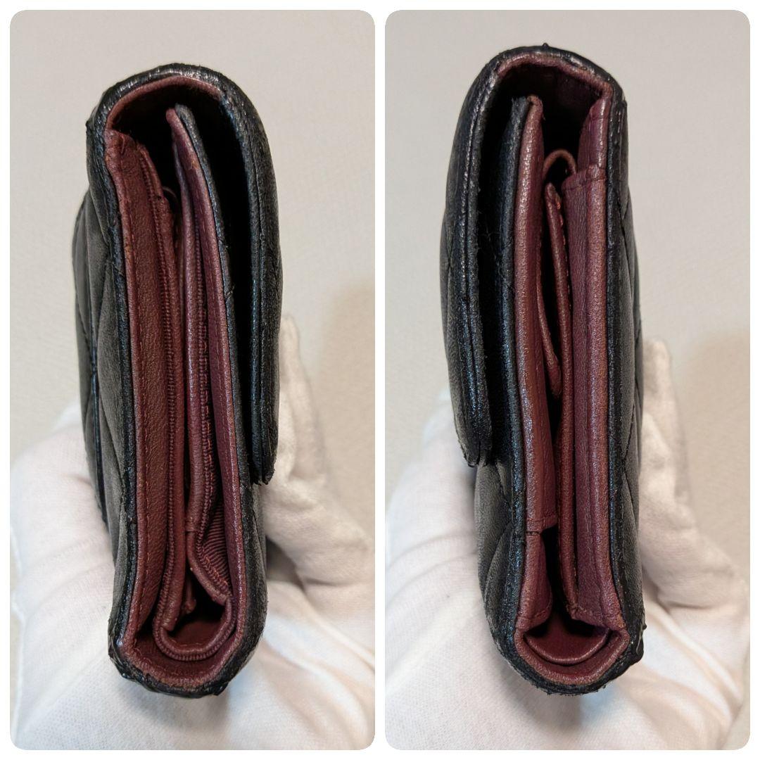 シャネル　マトラッセ　黒　三つ折り長財布　ラムスキン　シルバーココ　チェーン