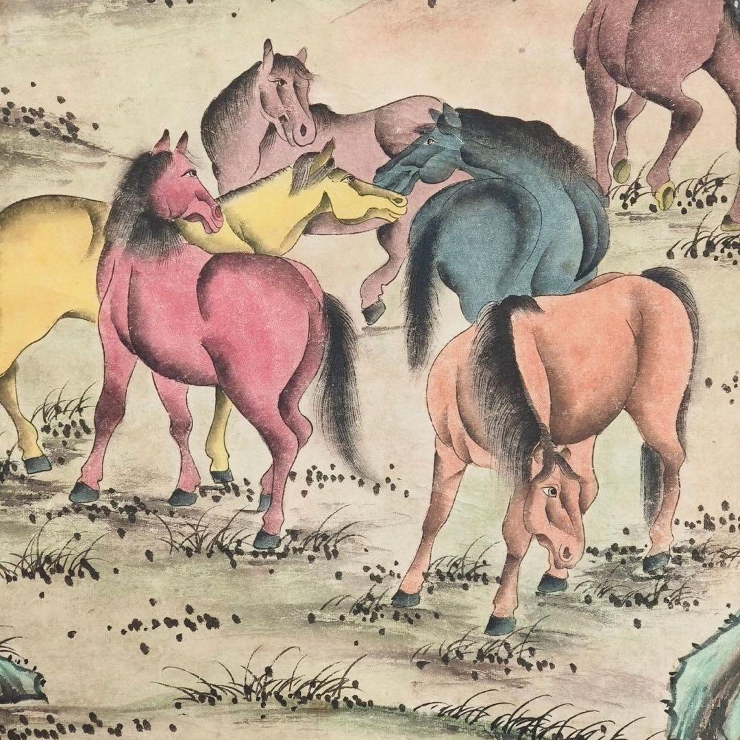 郎世寧《八駿図》　中堂掛軸　ブルーライト防偽付き　中国人物・馬図　壁掛け装飾