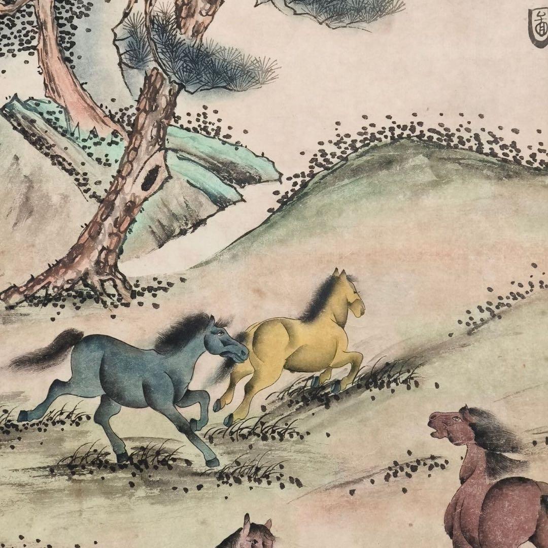 郎世寧《八駿図》　中堂掛軸　ブルーライト防偽付き　中国人物・馬図　壁掛け装飾