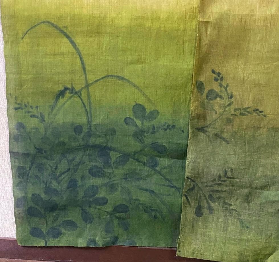 手描き麻暖簾【秋知草】手染め　麻のれん　巾82×178cm　一点物　アンティーク
