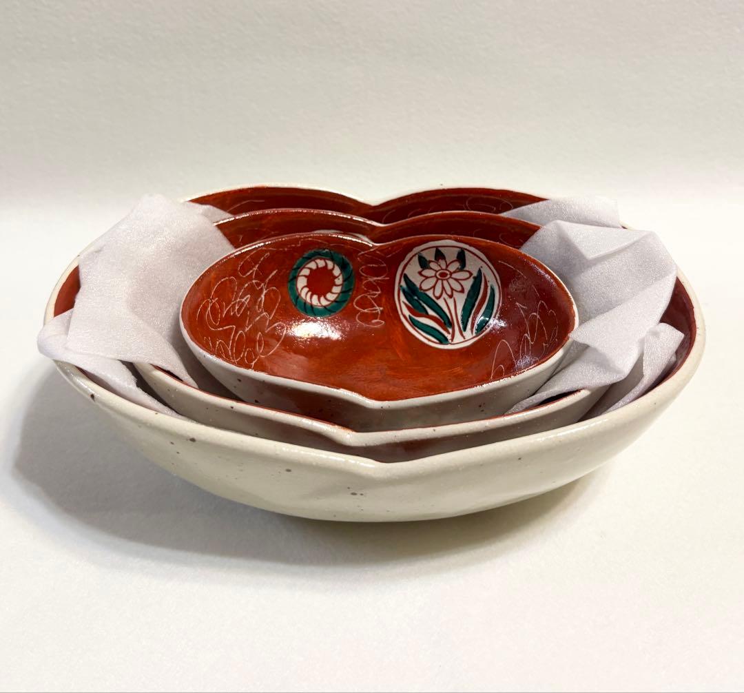 九谷焼 暁堂 赤絵 花文 変形楕円鉢 大中小 セット 上質 和食器 手描き