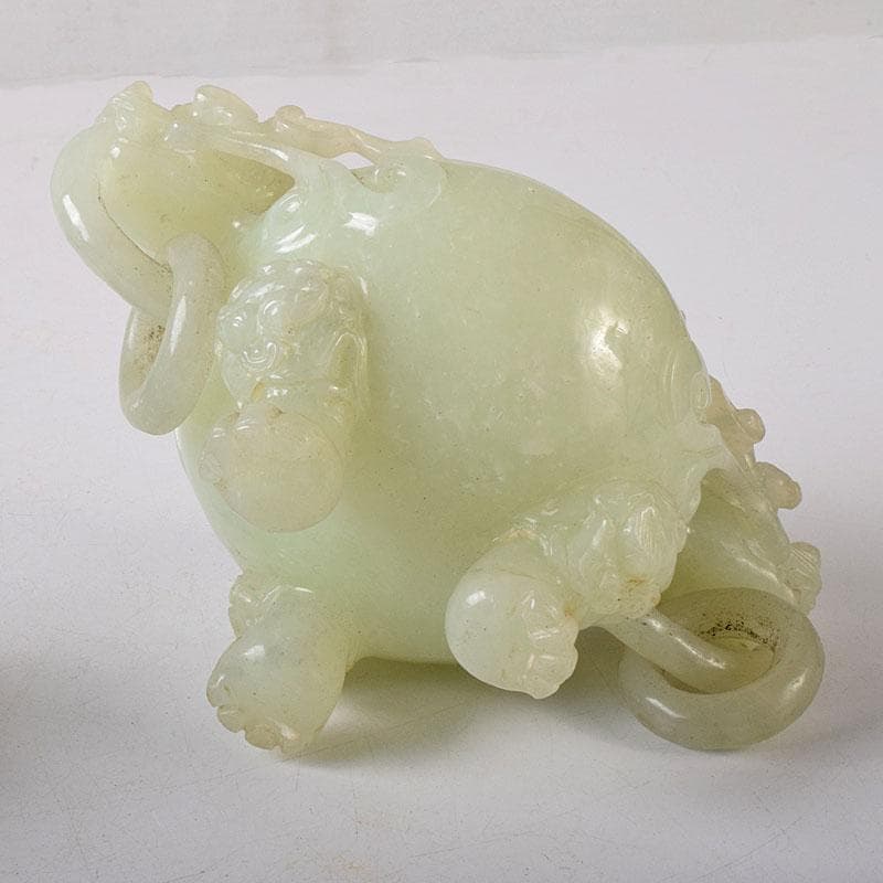 中国　玉石彫刻　雙耳活環　獅子鈕蓋爐　三足香炉　唐木台付　C　8256