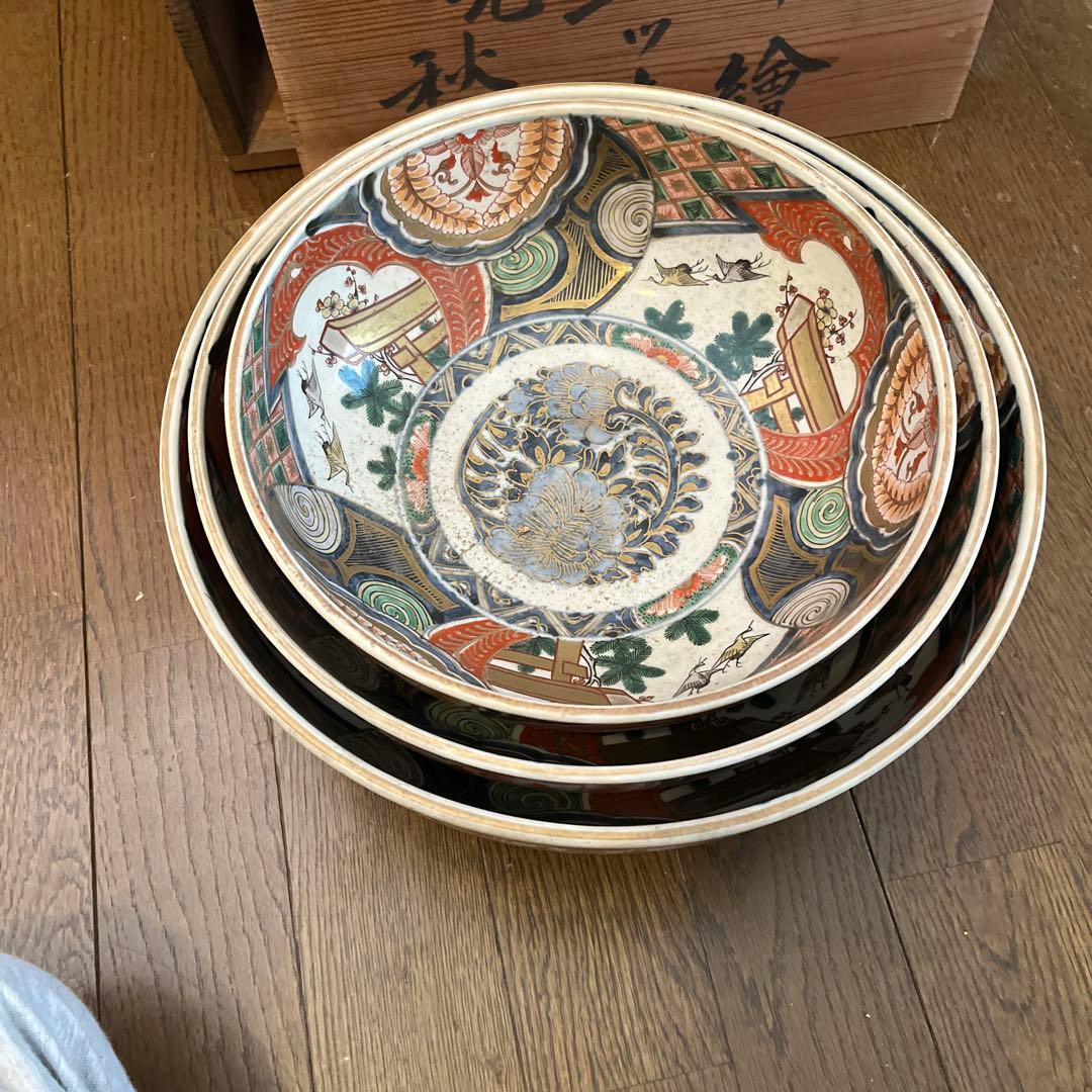 古伊万里　錦絵三ツ鉢　25ー31㎝江戸後期 茶道具 木箱