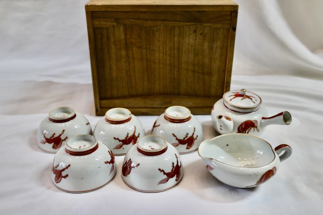 九谷焼 古九谷 赤九谷 馬絵 牛絵 茶器セット 煎茶道具 金彩 共箱有り