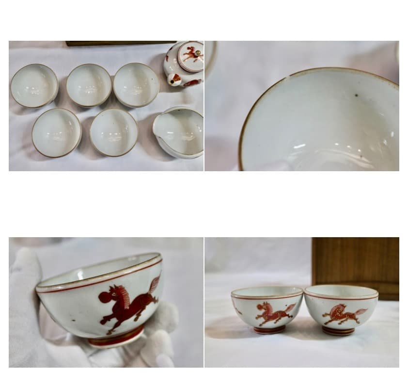 九谷焼 古九谷 赤九谷 馬絵 牛絵 茶器セット 煎茶道具 金彩 共箱有り