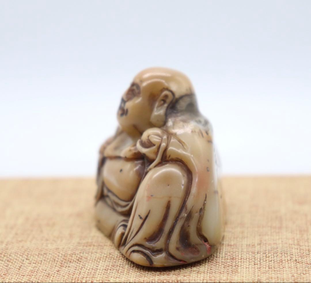 中国　清時代　寿山石彫布袋　印材　置物　重さ86g 箱入　送料込み250816