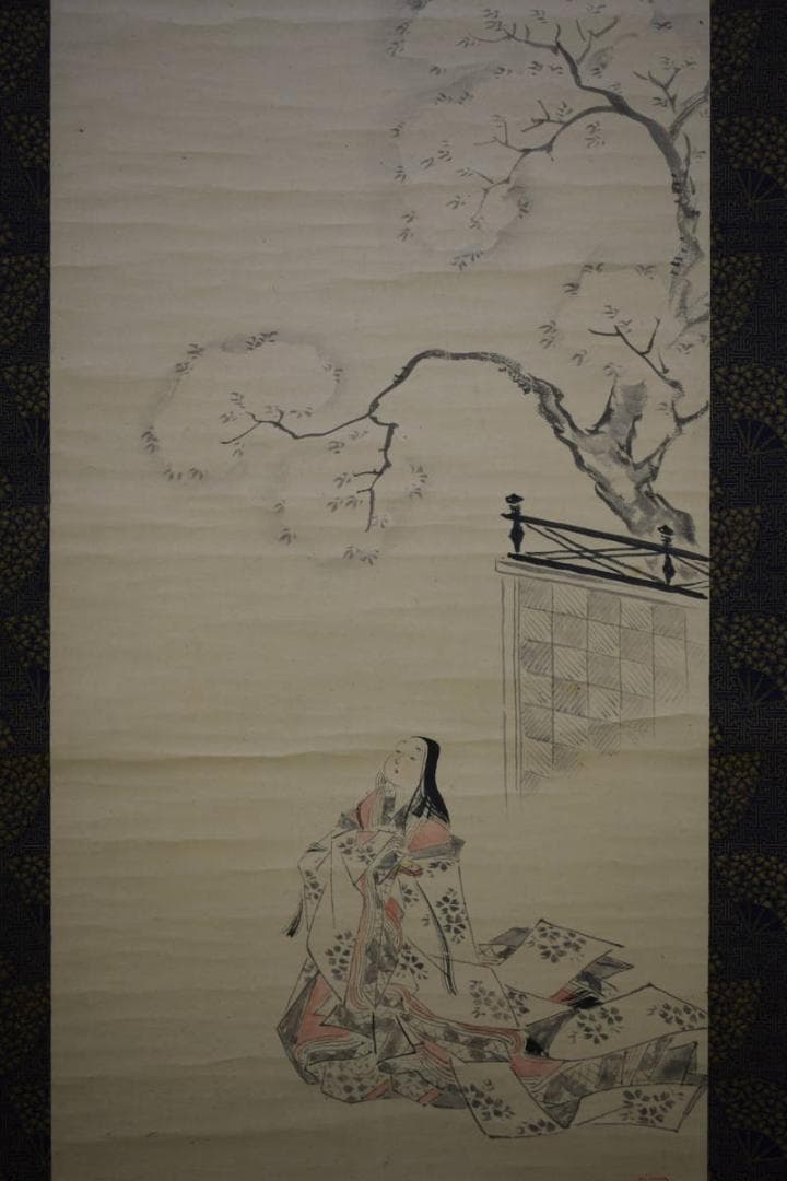 真作/高久隆古/桜下美人画/絹表装/布袋屋掛軸HH-659