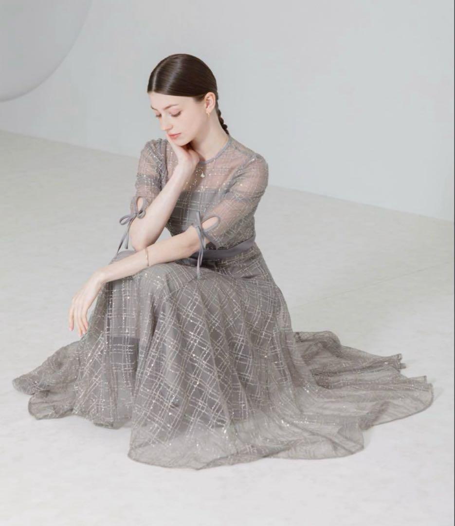 LEJA チェック刺繍スパンコール袖リボンワンピースドレス