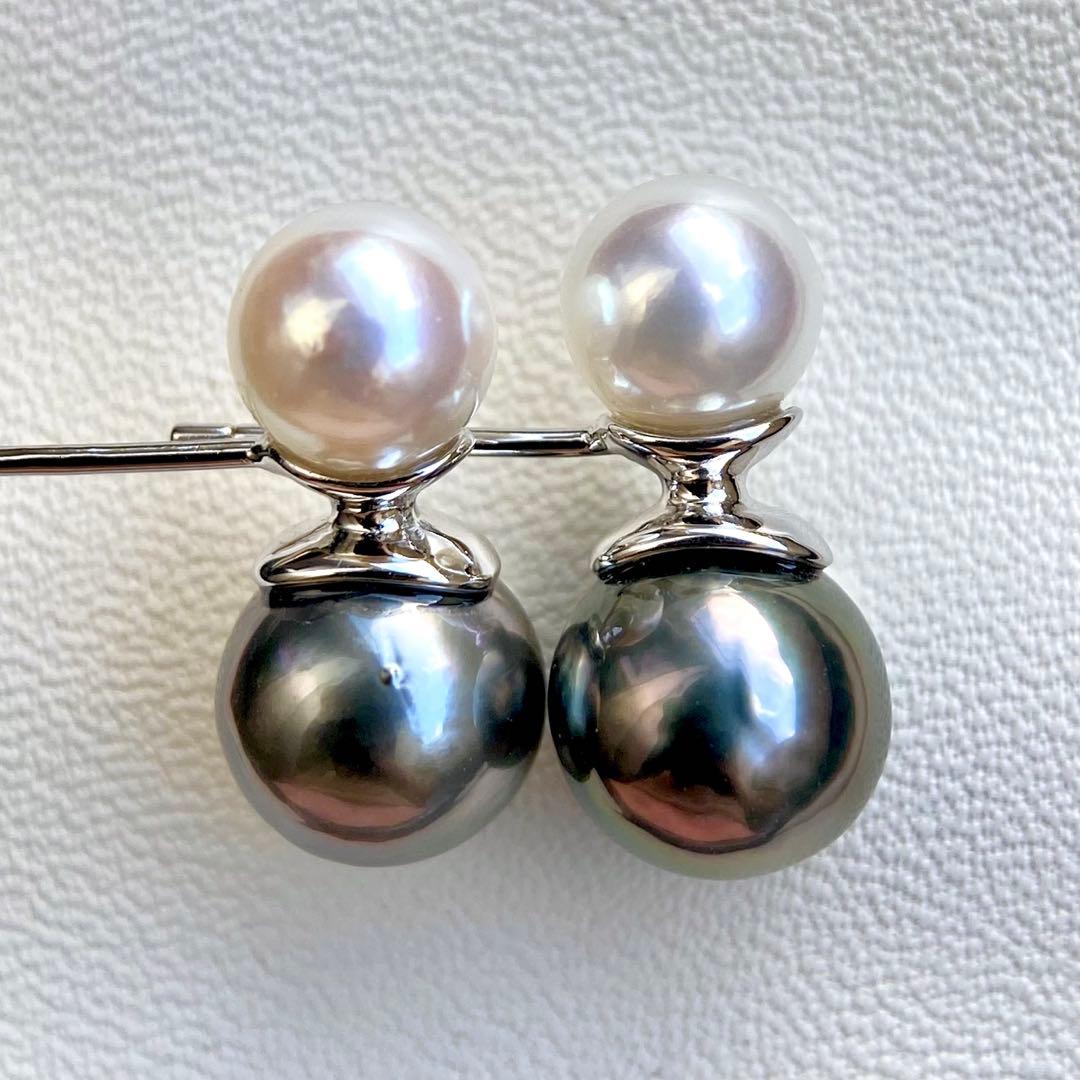 本真珠南洋黒蝶真珠とあこや真珠　双色　双子デザインs925ピアスBL932