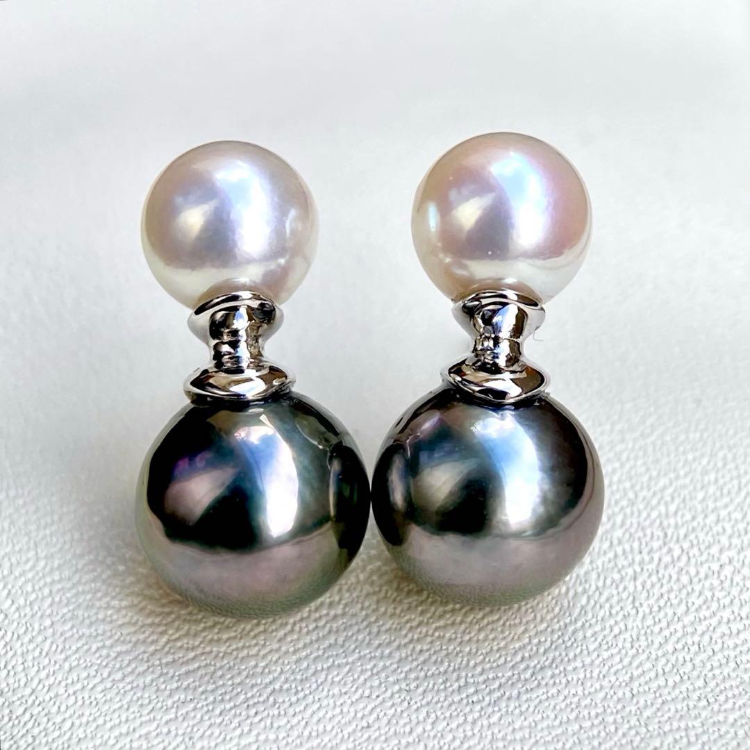 本真珠南洋黒蝶真珠とあこや真珠　双色　双子デザインs925ピアスBL932