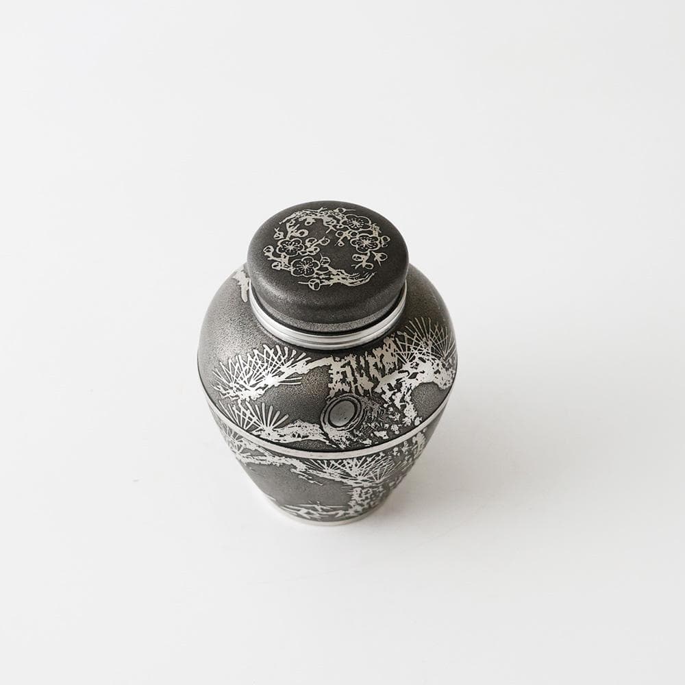 T 上錫　錫半　茶入　茶壺　茶入壺　四君子文　金属工芸　441ｇ