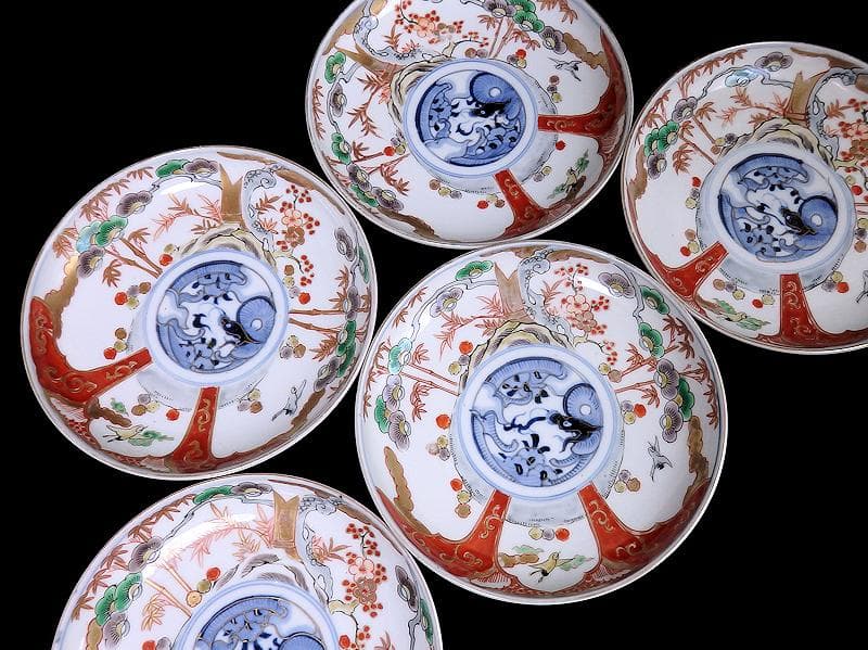 古伊万里　色絵　松竹梅に団龍紋の図　５寸皿　５枚　C657AS-CQk