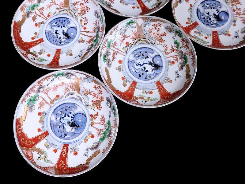 古伊万里　色絵　松竹梅に団龍紋の図　５寸皿　５枚　C657AS-CQk