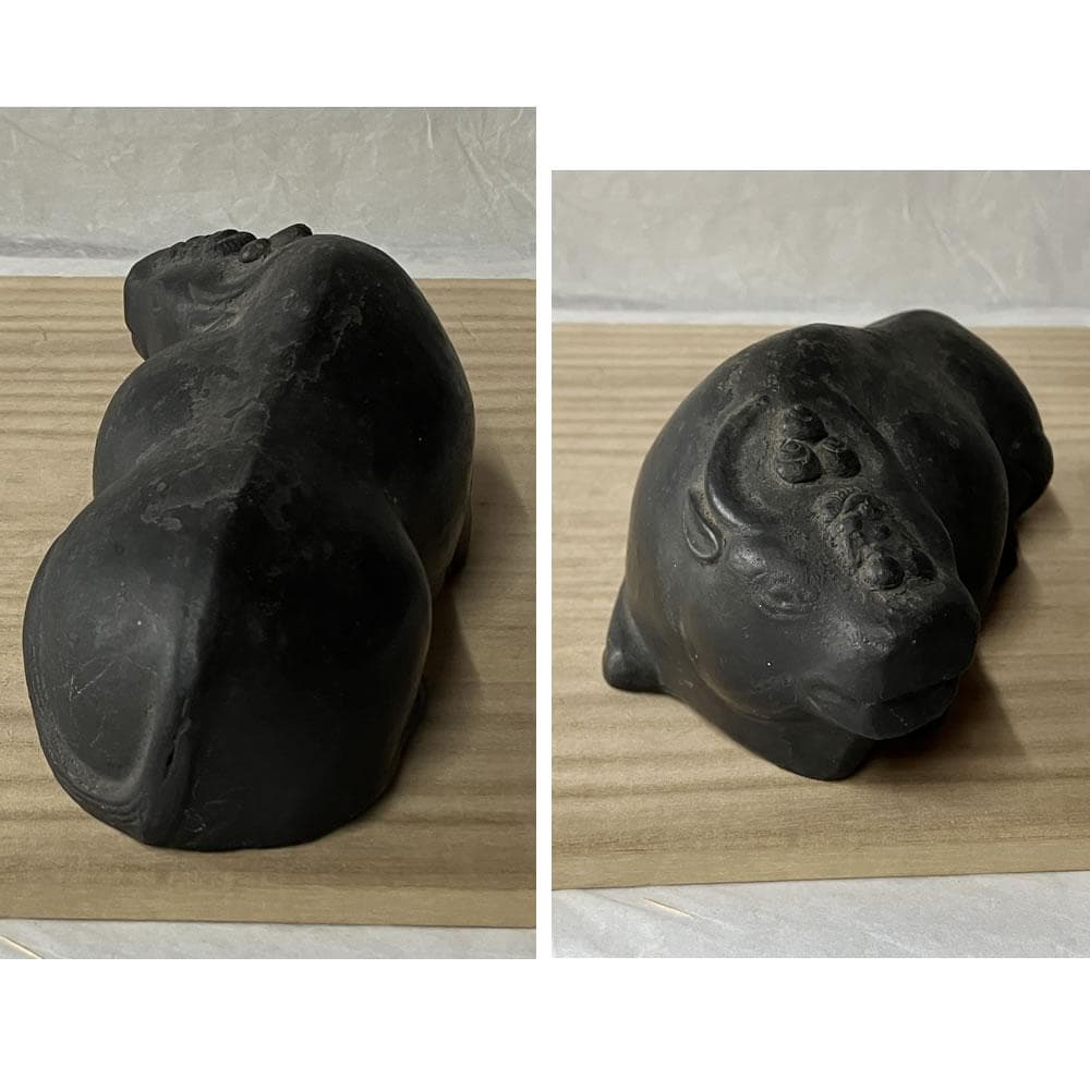 e3106 伏見焼 撫で牛 江戸期 巾16cm 撫牛 牛 開運 縁起物 置物