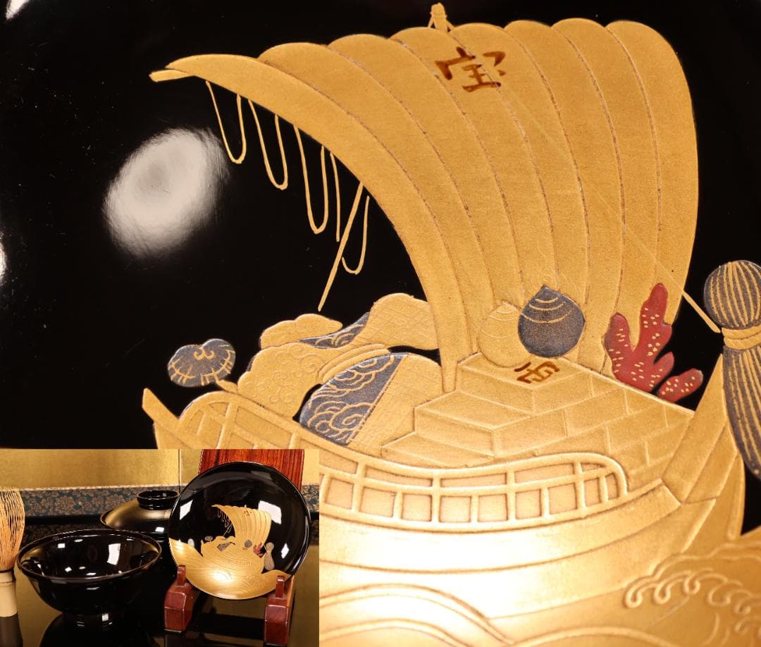 BK407　時代輪島塗　宝船図金蒔絵　波千鳥　吸物椀　二客　木製　茶道具 懐石