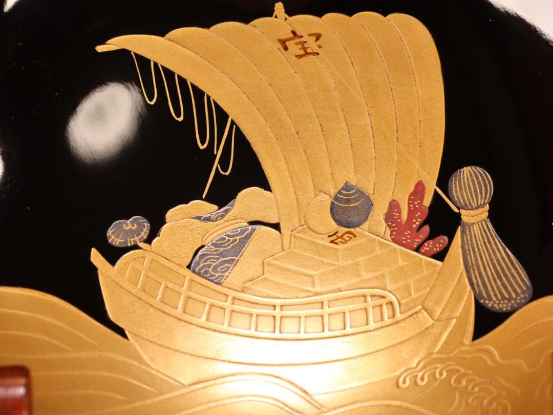 BK407　時代輪島塗　宝船図金蒔絵　波千鳥　吸物椀　二客　木製　茶道具 懐石