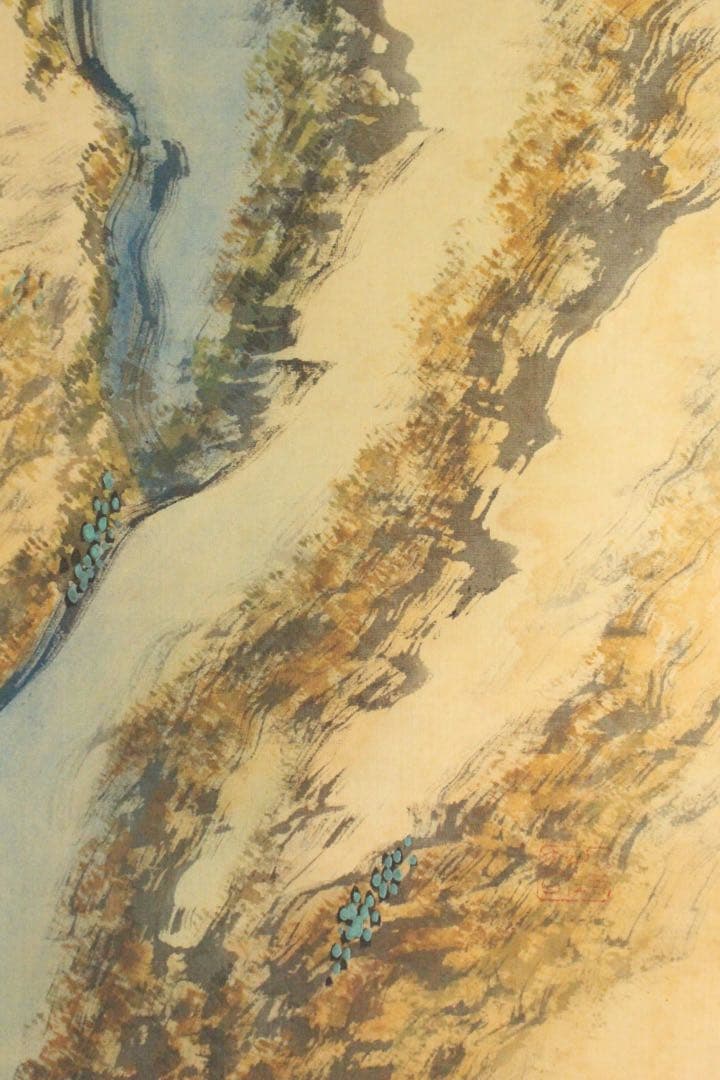 No5217 掛軸　雲外山人　在銘　青緑山水人物画　山水　着色絹本　送料無料