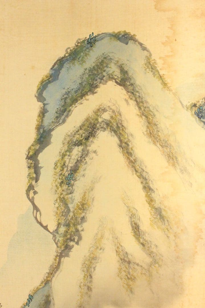 No5217 掛軸　雲外山人　在銘　青緑山水人物画　山水　着色絹本　送料無料