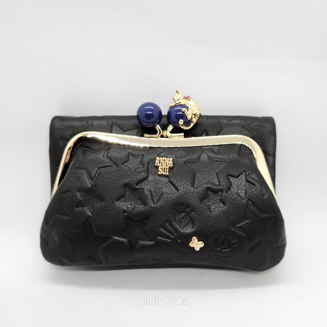 ブラック 新品 アナスイ ANNA SUI がま口 折り財布 プレイングキャット