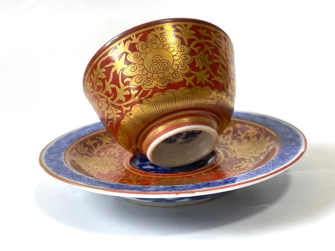 陶芸家　作家物　須田菁華　青華　金襴手台付盃　煎茶碗　杯　カップ　共箱　魯山人