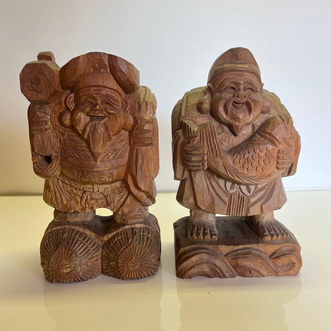 明治期 木彫 恵比寿大黒像 一対 商売繁盛 福神像 高さ35cm◎古美術 庵々