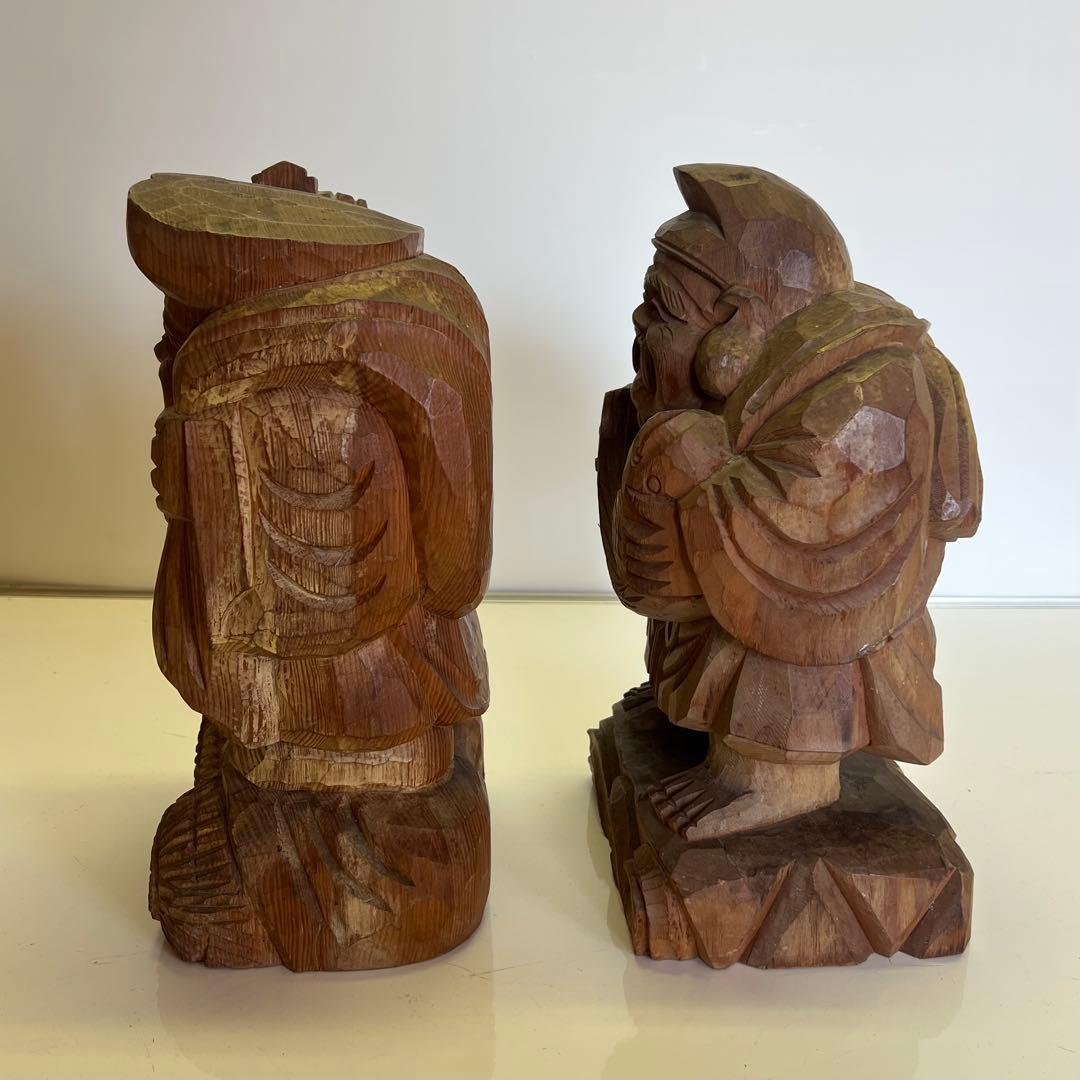 明治期 木彫 恵比寿大黒像 一対 商売繁盛 福神像 高さ35cm◎古美術 庵々