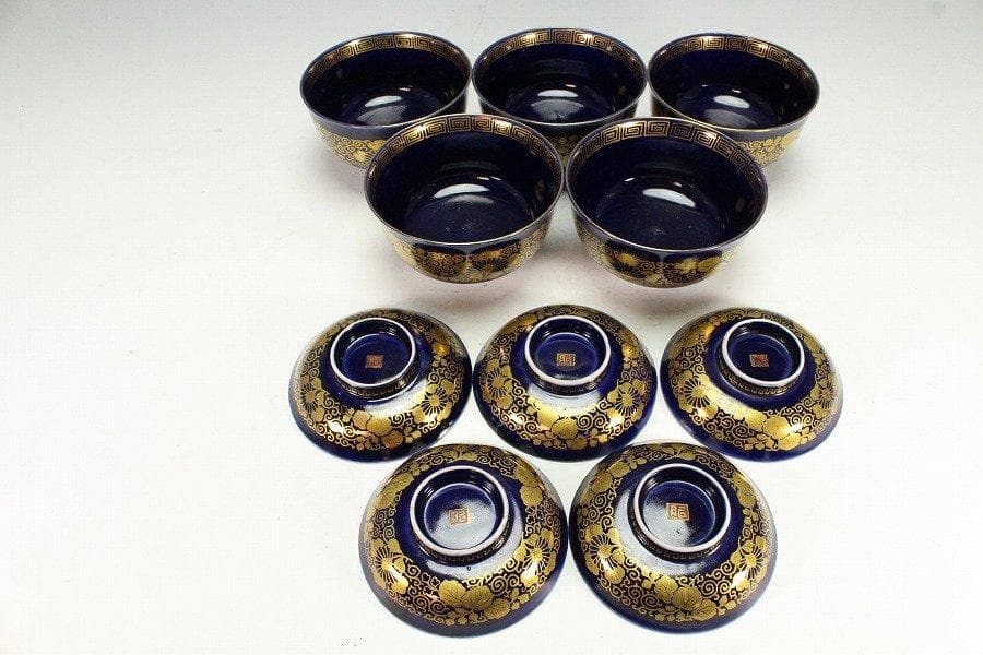 中国美術 瑠璃釉 金彩 纏枝蓮花紋 蓋碗 五件 旧家蔵出