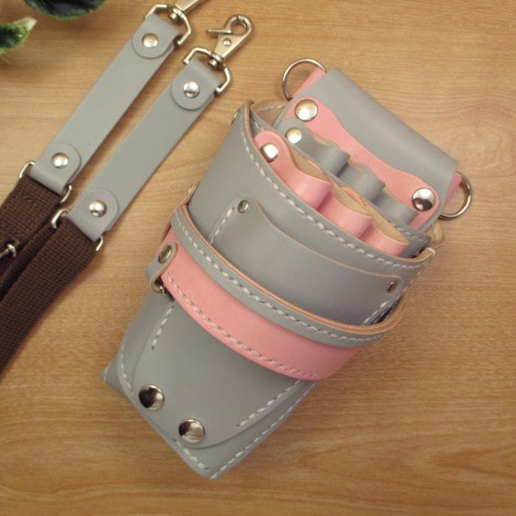 【特別価格】ライトグレー＆ピンク　６丁　本革シザーケース　SCA-100/CHA