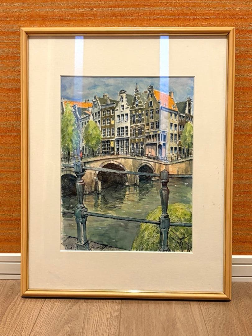 ペン画　水彩画　雨宮久馬作　アムスの石橋