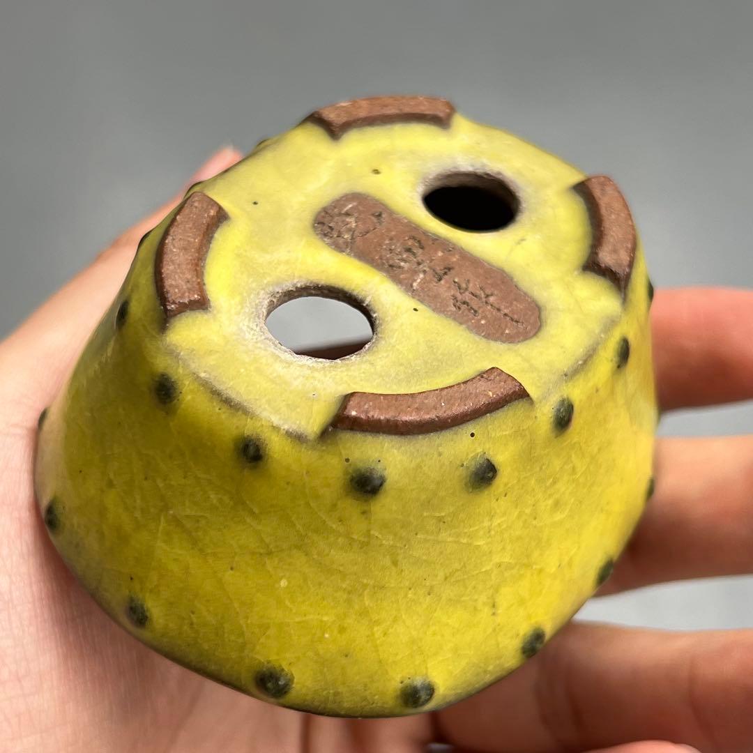 753.暁雲 黄釉鼓釘楕円 盆栽鉢 植木鉢 8*6.7*3.6cm