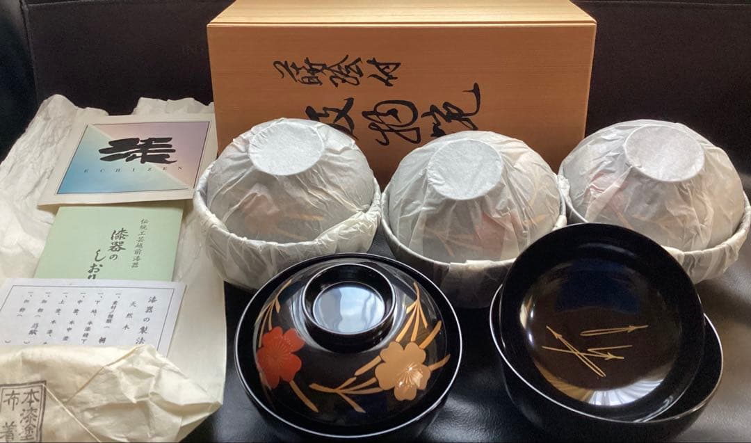 越前塗　越前漆器　お吸物椀５客　天然木　栃の木　手書き金蒔絵　本漆手塗り　未使用