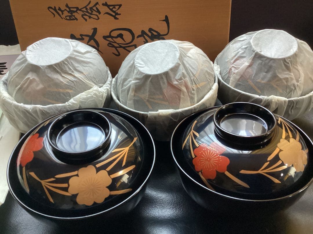 越前塗　越前漆器　お吸物椀５客　天然木　栃の木　手書き金蒔絵　本漆手塗り　未使用