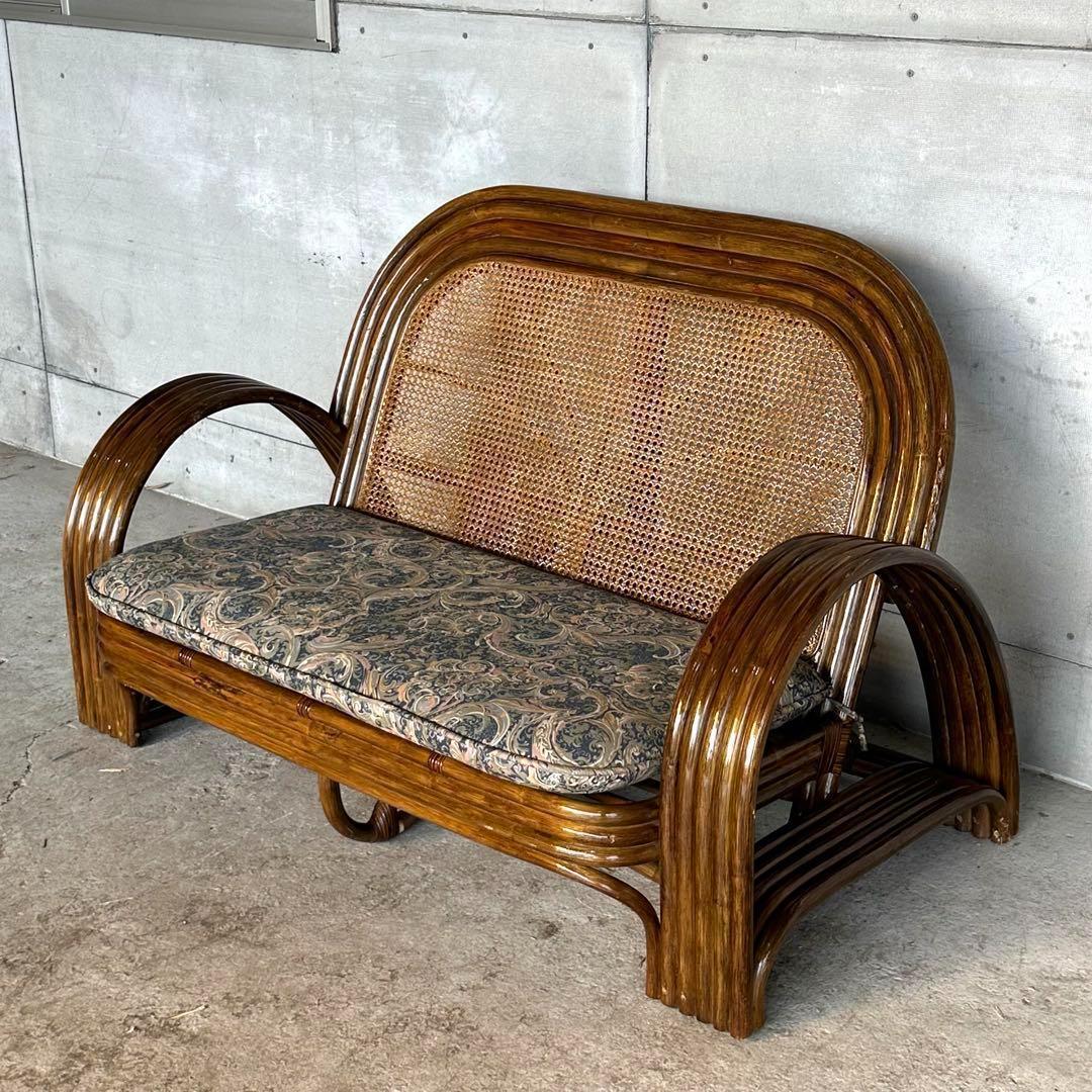 ✿アジアンリゾートポップ✿籐フレーム 2人掛け　ラブソファ　オールドラタン