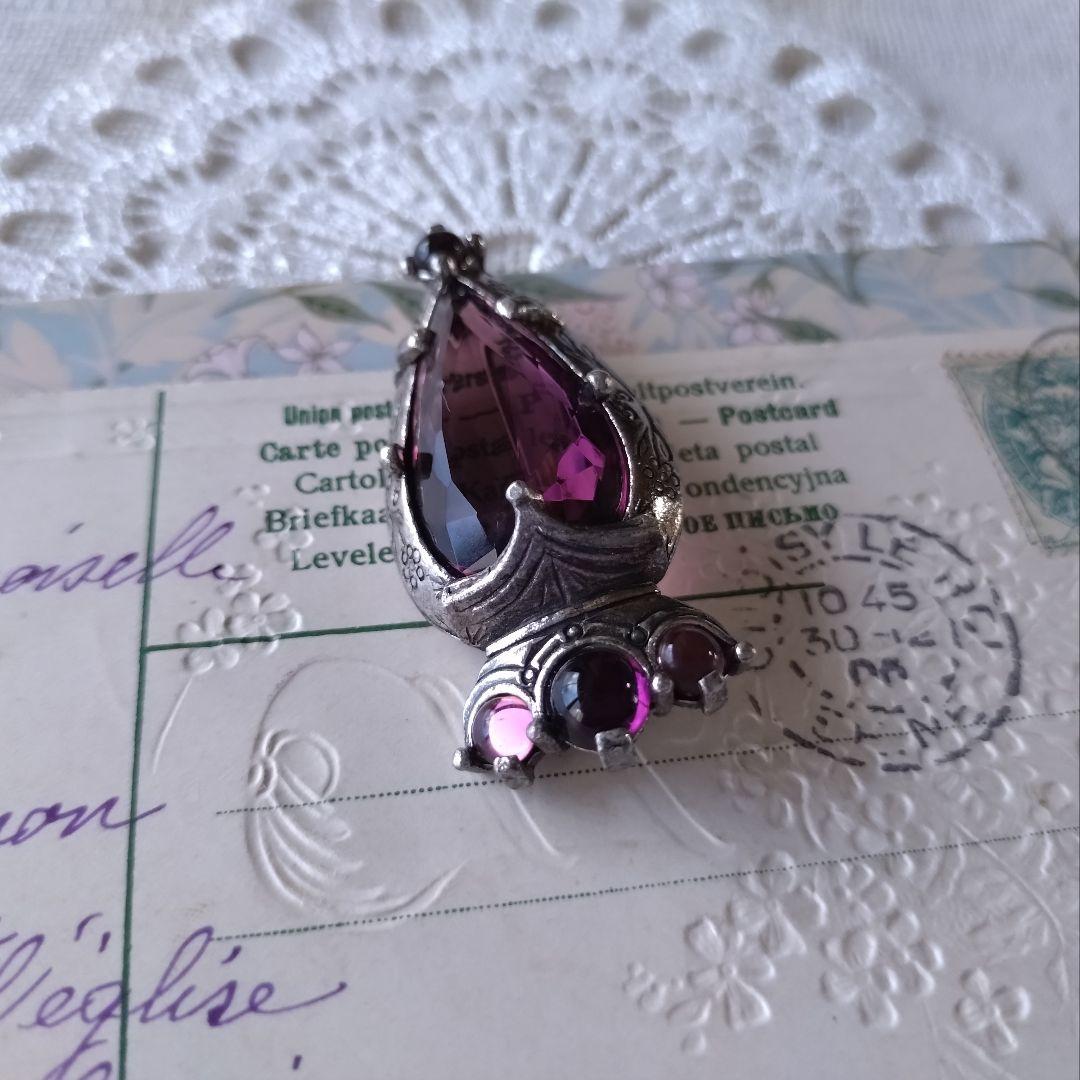 イギリス製ヴィンテージ　MIRACLE　パープルガラス　ハート　王冠　ブローチ