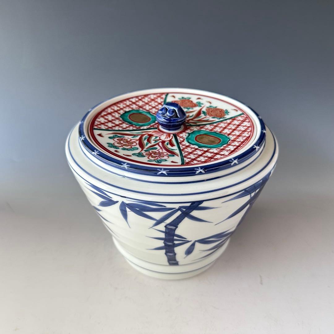 茶道具　染付　竹　水指　蓋赤絵　手塚桃峰　共箱　京焼　茶会　稽古　棚