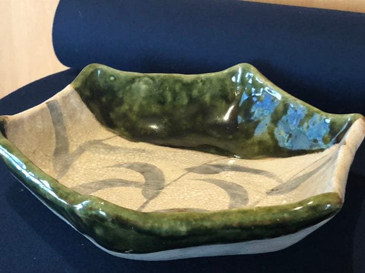 霞仙窯　織部　瀬戸赤津焼　六角大鉢　盛り鉢　貫入