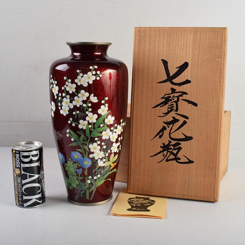 七宝焼　赤透釉　四君子文　花瓶　共箱　M　R9450