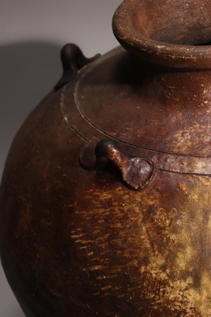 江戸初期　古越前　四耳壷　四耳子　壺　高さ38.5㎝　花器 花瓶　BE793