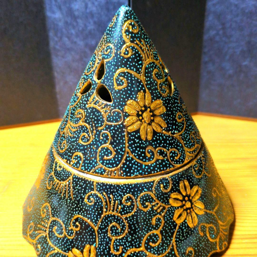 希少 薩摩焼 骨董 円錐形 16.5cm 香炉 九谷金彩青粒鉄仙 唐草 茶道具