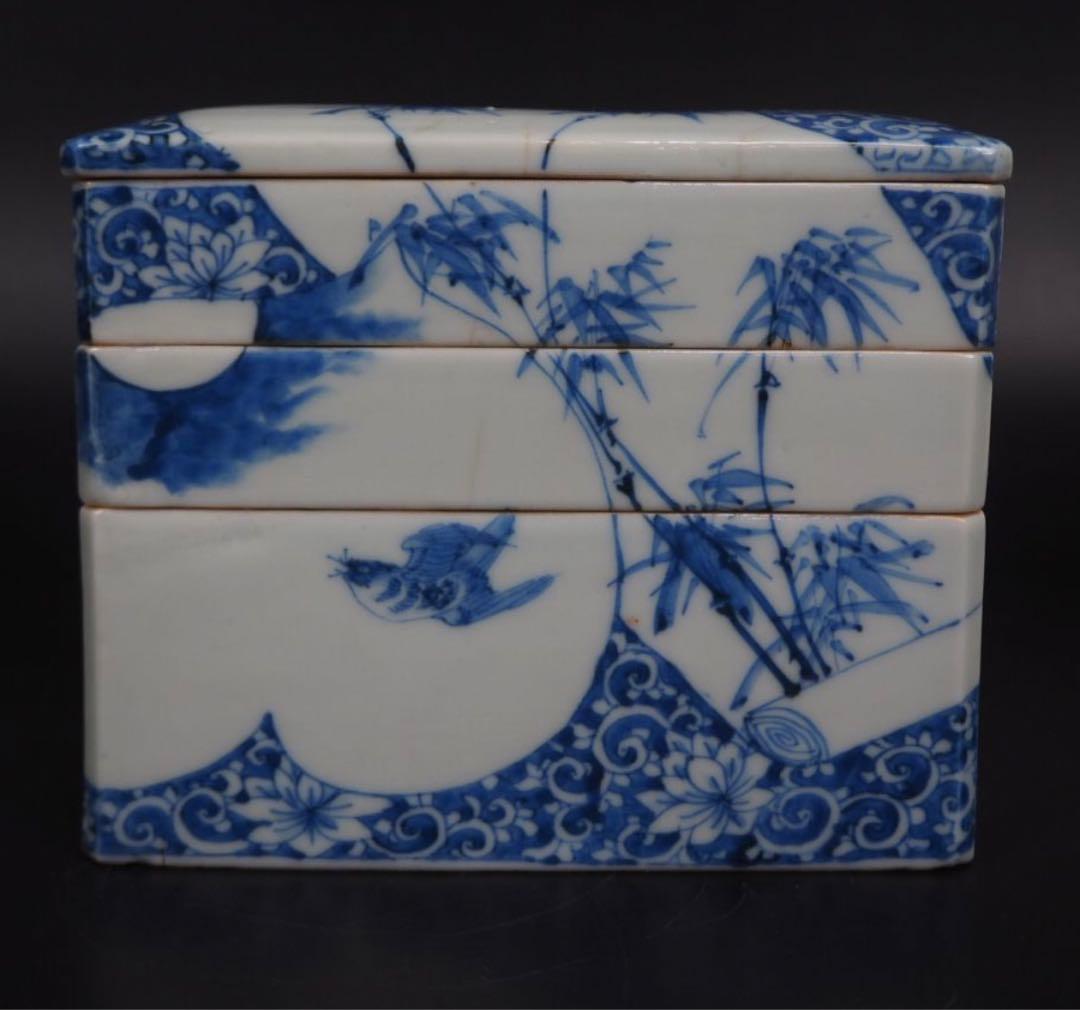 送料無料 明治7年(1874年)購入　青花四君子鳥図三重箱　共箱★大珍品★