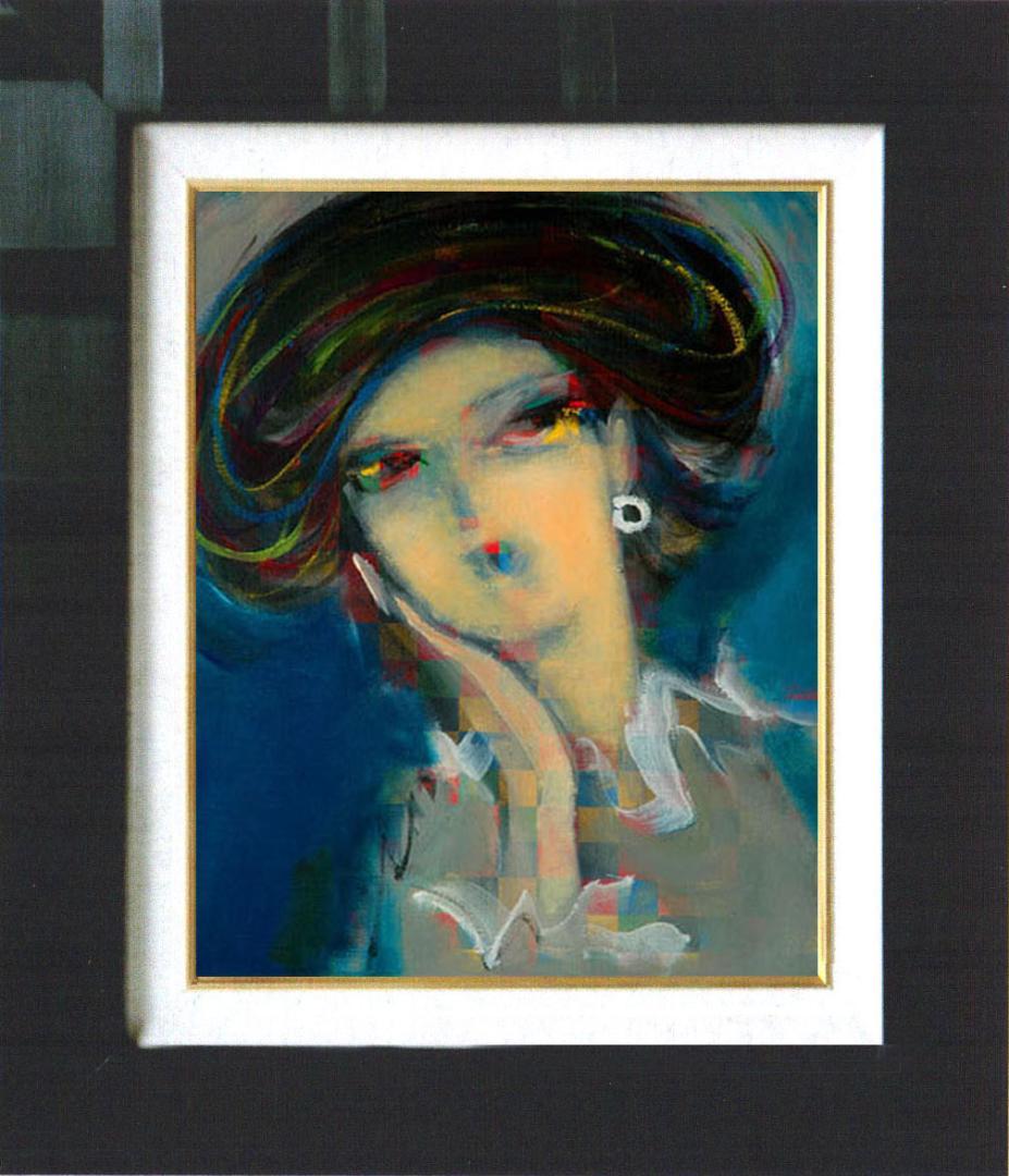 油絵 絵 絵画インテリア 額付(青緑＋金色の枠)油絵 F4-051713 女性