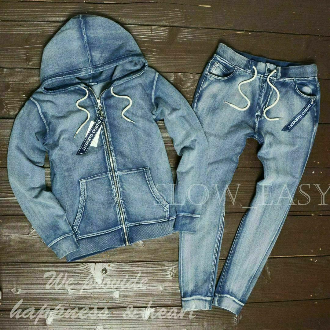 伸縮■カットデニム セットアップ青Lスウェット ジョガーデニム+パーカー
